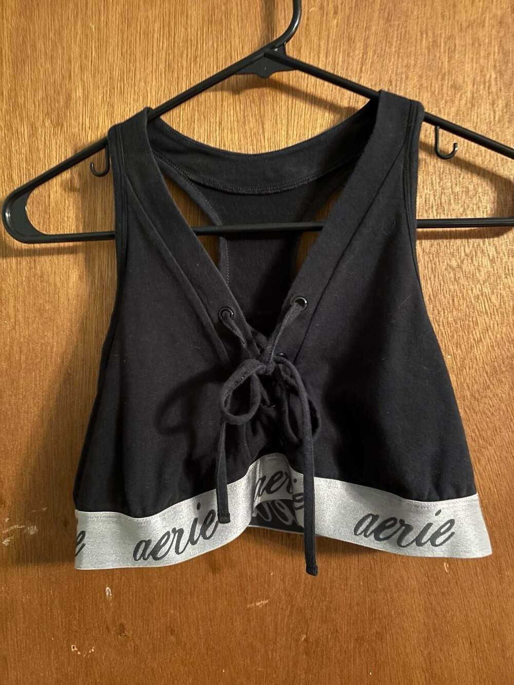 Aerie Black Tie Front Bralette with Racerback and Logo Band Xl